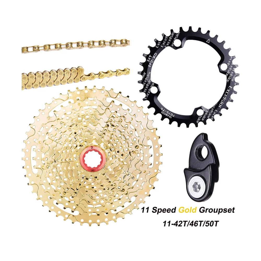 

ZTTO MTB 1*11 Speed Group Set 11s 42t 46t 50t Cassette 11s K7 freewheel 11v Chain chainwheel chainring with Hanger Extension, Gold, gold-black