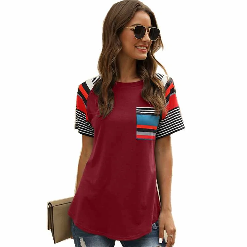 

Hot Sale Stripe Printed Patchwork Women T Shirt Short Sleeves Women T-Shirt