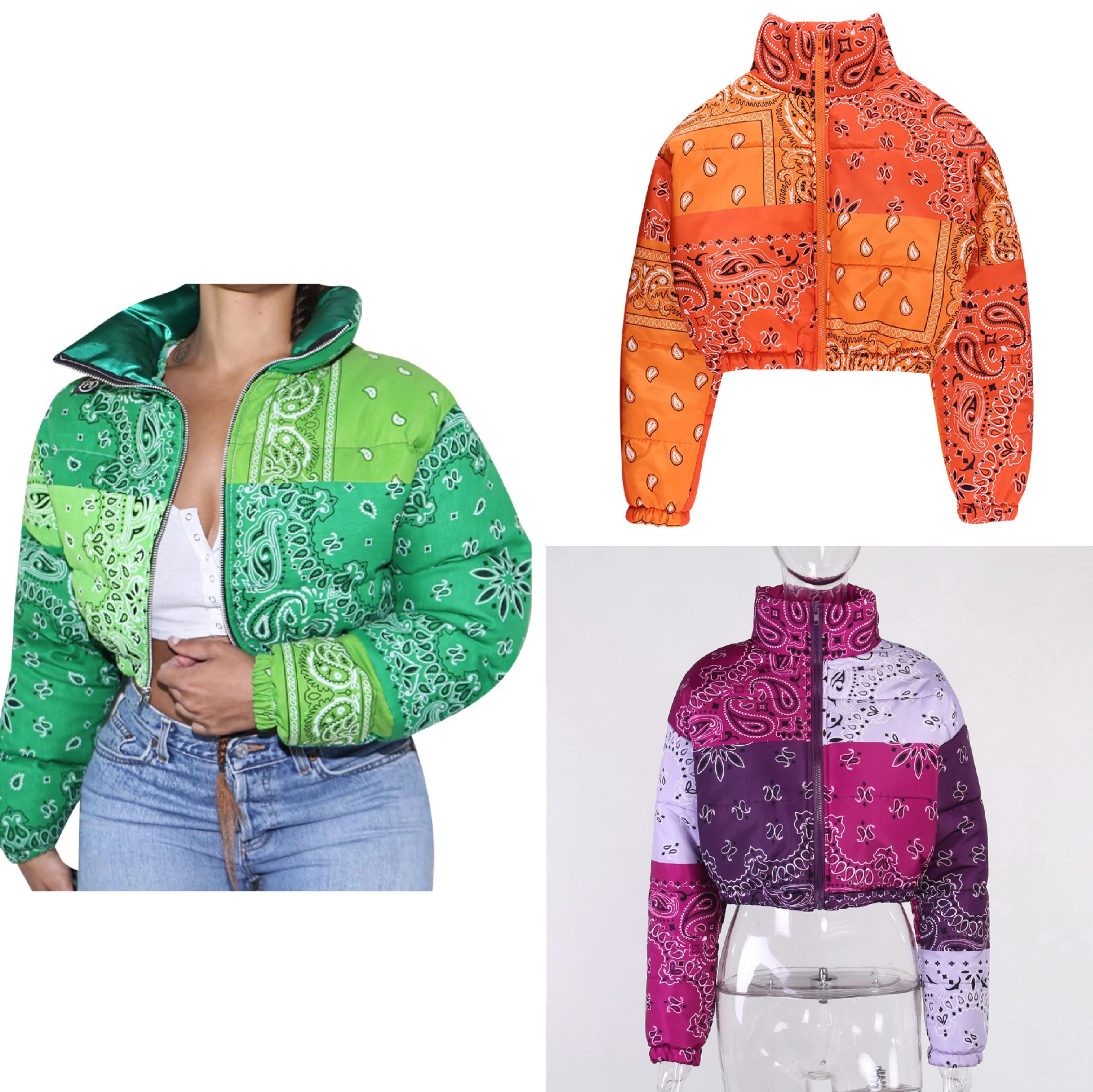

Women Flower Print Puffer Jackets Zipper Stand Collar Long Sleeve Hit Color Short Coats Chic Slim Winter Fashion Warm Outwear, Picture color