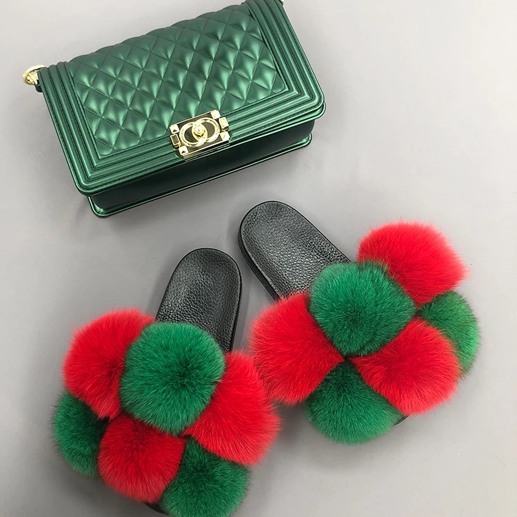 

Furry real raccoon fox fur pom pom slides and purses women fur slides with matching purse, Customized color