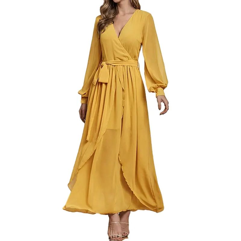 

Fall Arrivals Chiffon V-neck Ruffle Long Dresses Women Maxi Casual Elegant Ladies Dress, Customized color