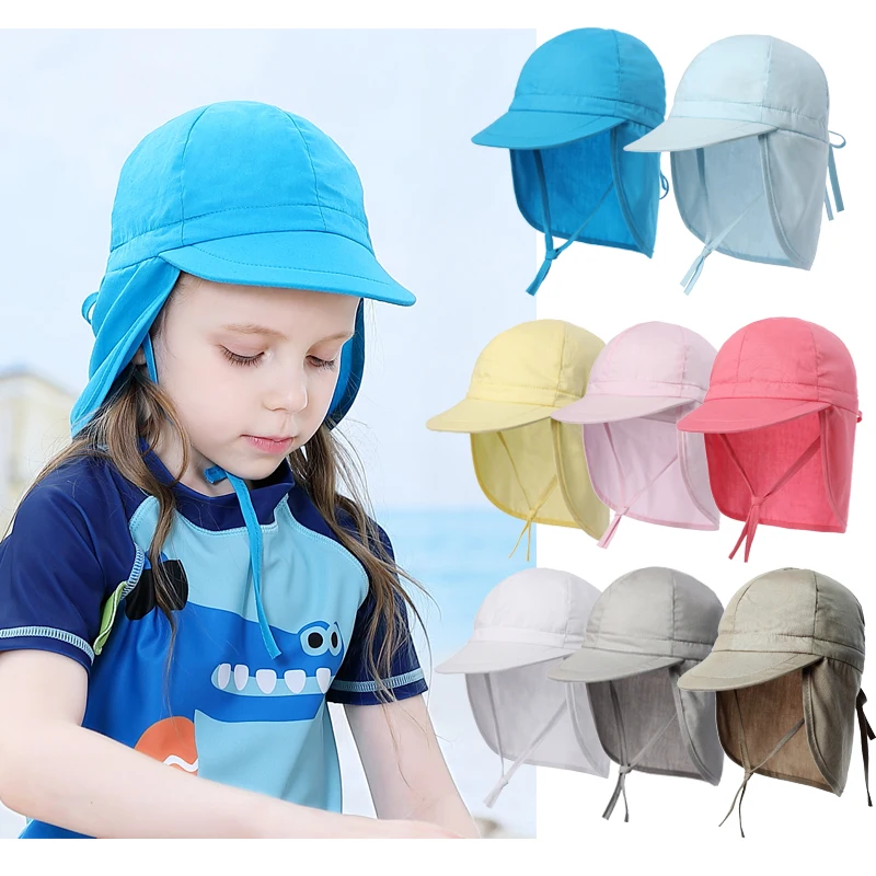 

custom Logo swim blank children flap cotton cap uv Summer kids play hats upf 50+ sun protection baby beach hat