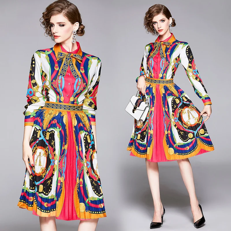 2019 autumn women elegant dresses casual long sleeve printed Pleated dress with bow