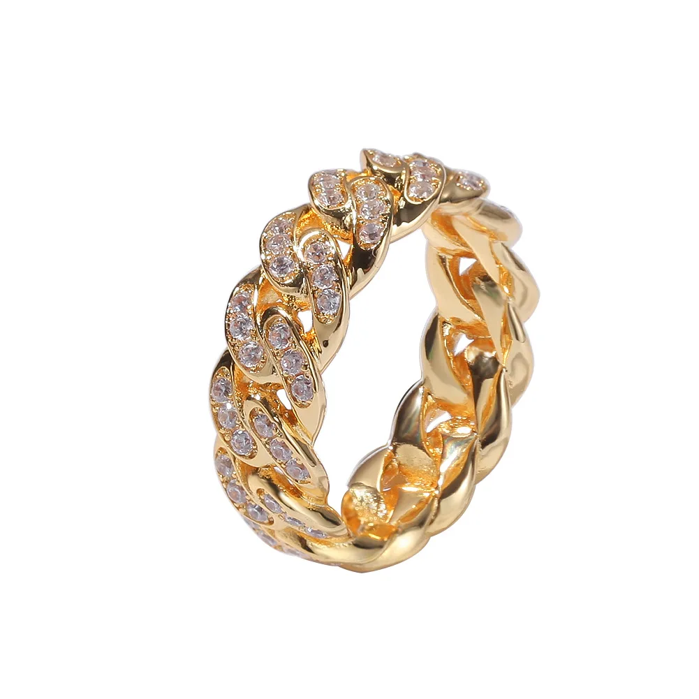 

Zircon Cuban Chain Rings 8mm Full Zircon Plated Real Gold Trend Men's Rings