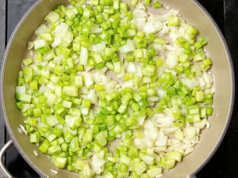 Chopped celery and onions sauteing in butter for stuffing base