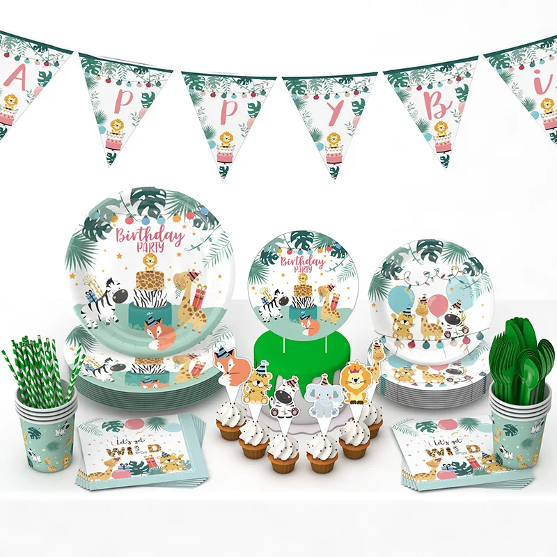 

DAMAI 16 Guests Forest Animal Disposable Plates Sets for Party Kid's Birthday Party Supplies Paper Plates Cups Napkins