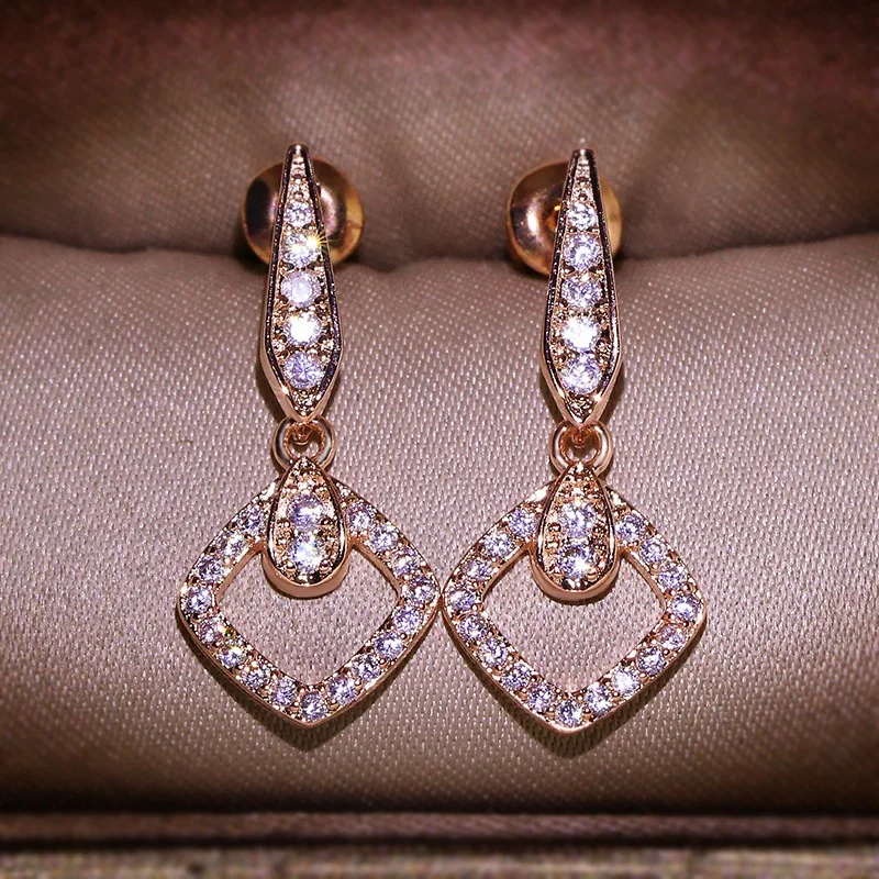 

Women Real Rhombus Dangle Earrings for Women Fashion Geometric Earrings Rose Gold Wedding Earrings