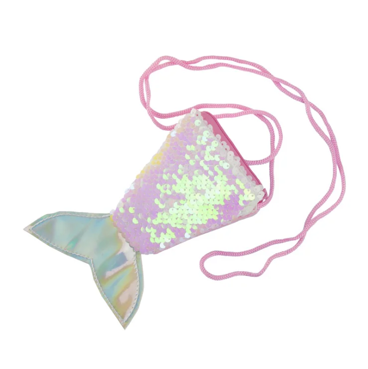 

Cross-border mermaid tail sequins lanyard coin purse children diagonal long rope coin bag small wallet wholesale
