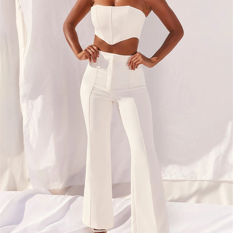 

Strapless Boned Corset Crop Top Two Piece Set Women High Waist Flare Trousers 2 Piece Sets Summer Long Pants Suit, Light blue, white