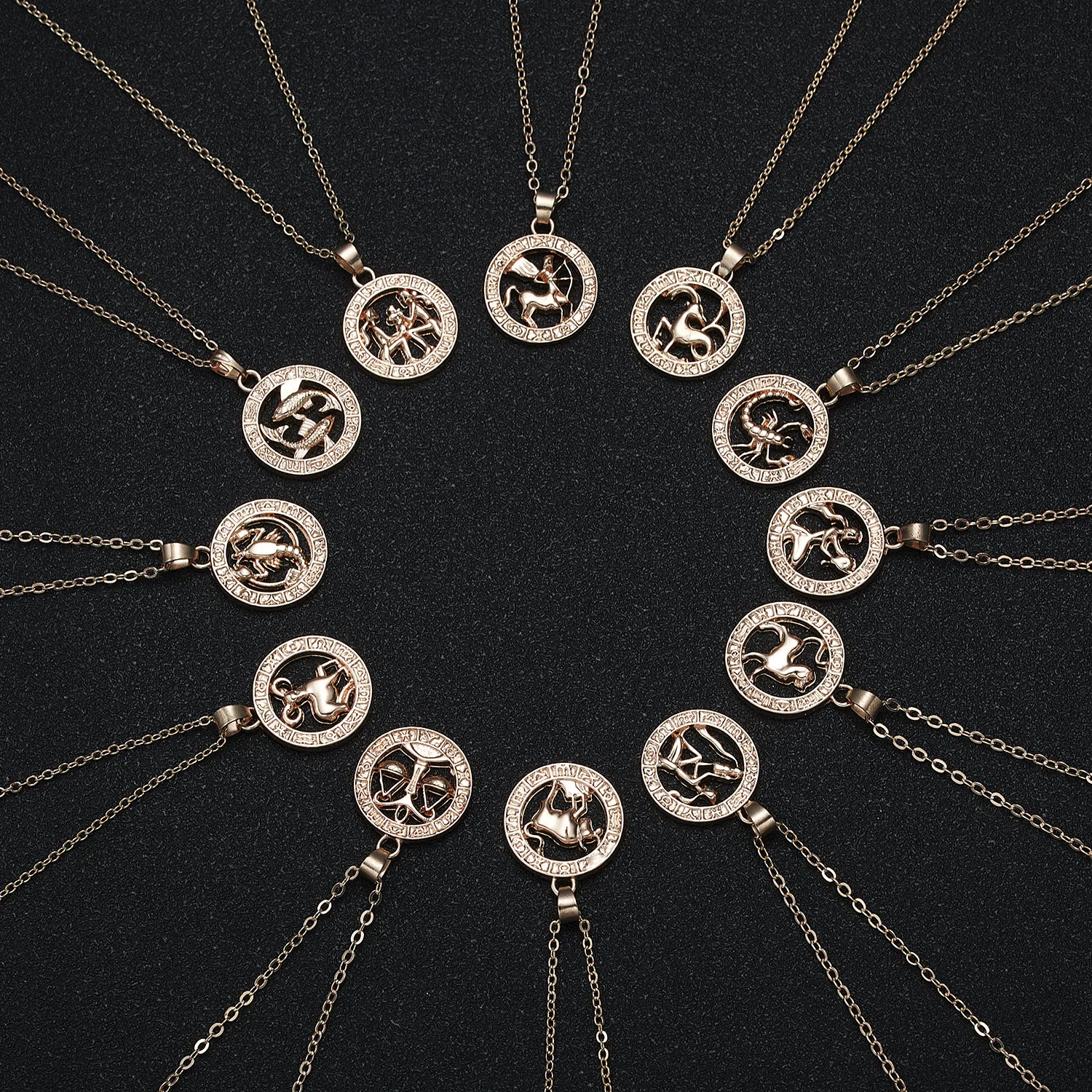 

Fashion Jewelry Round Flower Cardboard Pendants 12 Zodiac Necklace for Women Couples Birthday Valentine's Day gift, Gold