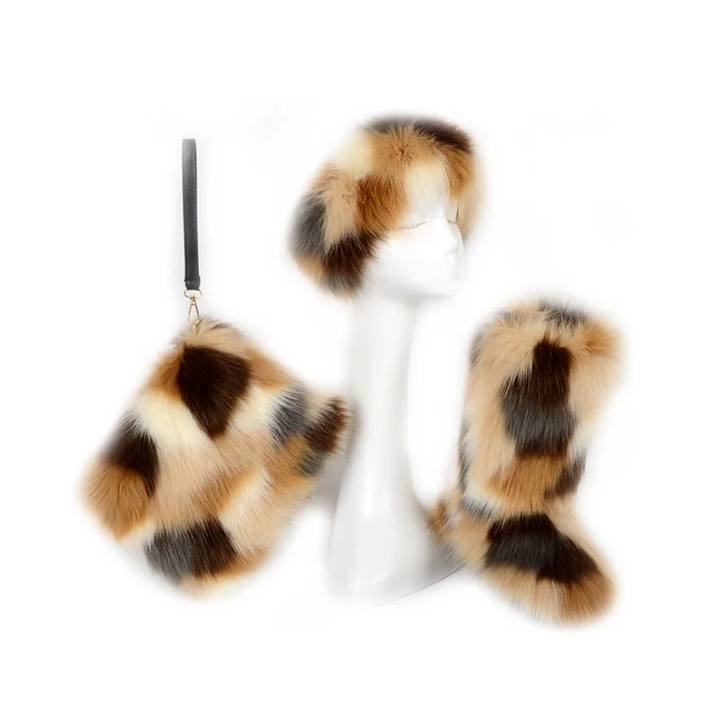 

Cost-effective lady faux fur boots and headbands three-piece suit, Customized color