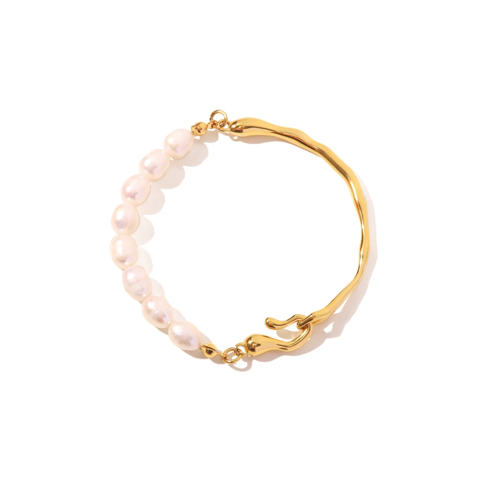 

Charm Stainless Steel 18K Gold Plated Jewelry Splicing Bangle Fresh Waterpearl Pearl Bangles For Women