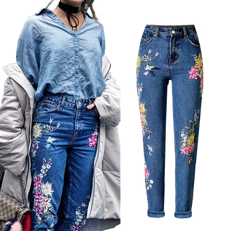 

Wholesale Custom Bird Flower Before And After Embroidery High Waist Slender Straight Washed Jeans Trousers For Women