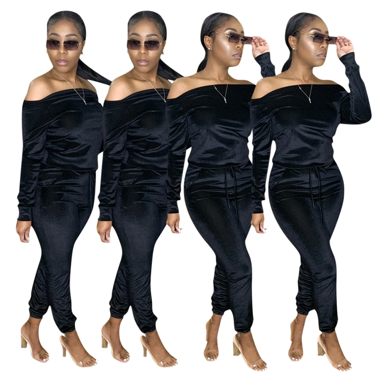 

New 2021 Lady Tracksuits Velvet Black Long Sleeve Strapless Sweatshirt And Drawstring Skinny Trousers Two Piece Fall Sets Women