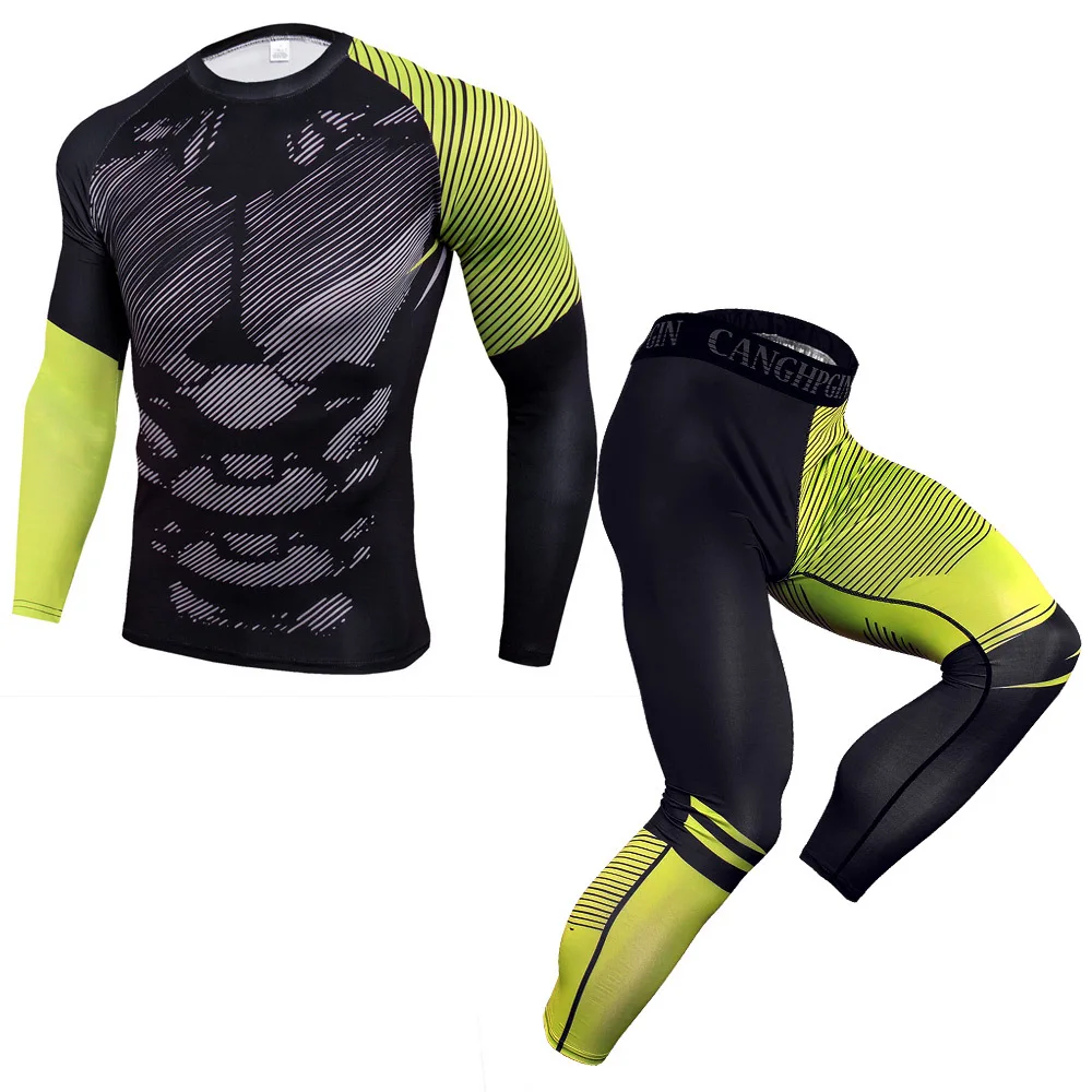 

Custom Printed Mens Long Sleeve BJJ MMA Rash Guard Mens Compression Tights T shirt+leggings+shorts set