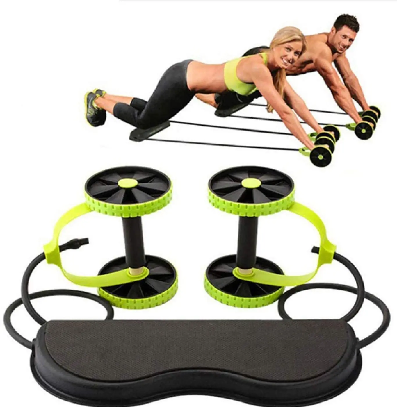 

Multifunctional Double Ab belly wheel roller Abdominal Exerciser Trainer for Muscle slimming, Black+green