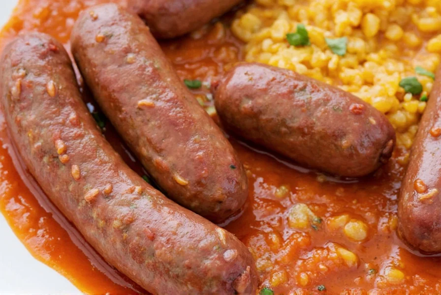Complete North African meal with merguez sausage, couscous, and roasted vegetables