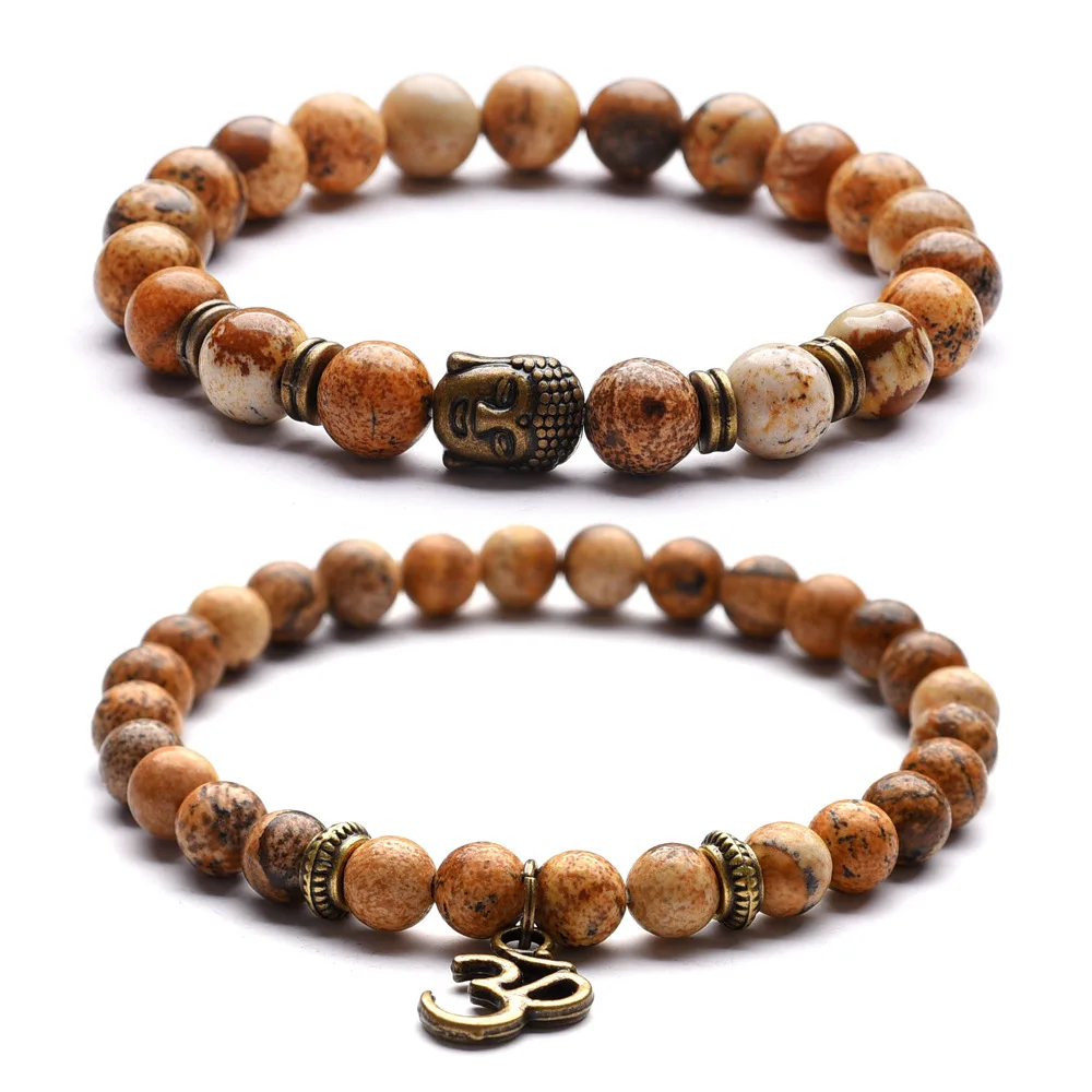 

Bestone Bracelet Natural Black Agate Stone Picture Japser Beaded Yoga Bracelets for Men Women Elastic Rope Jewelry