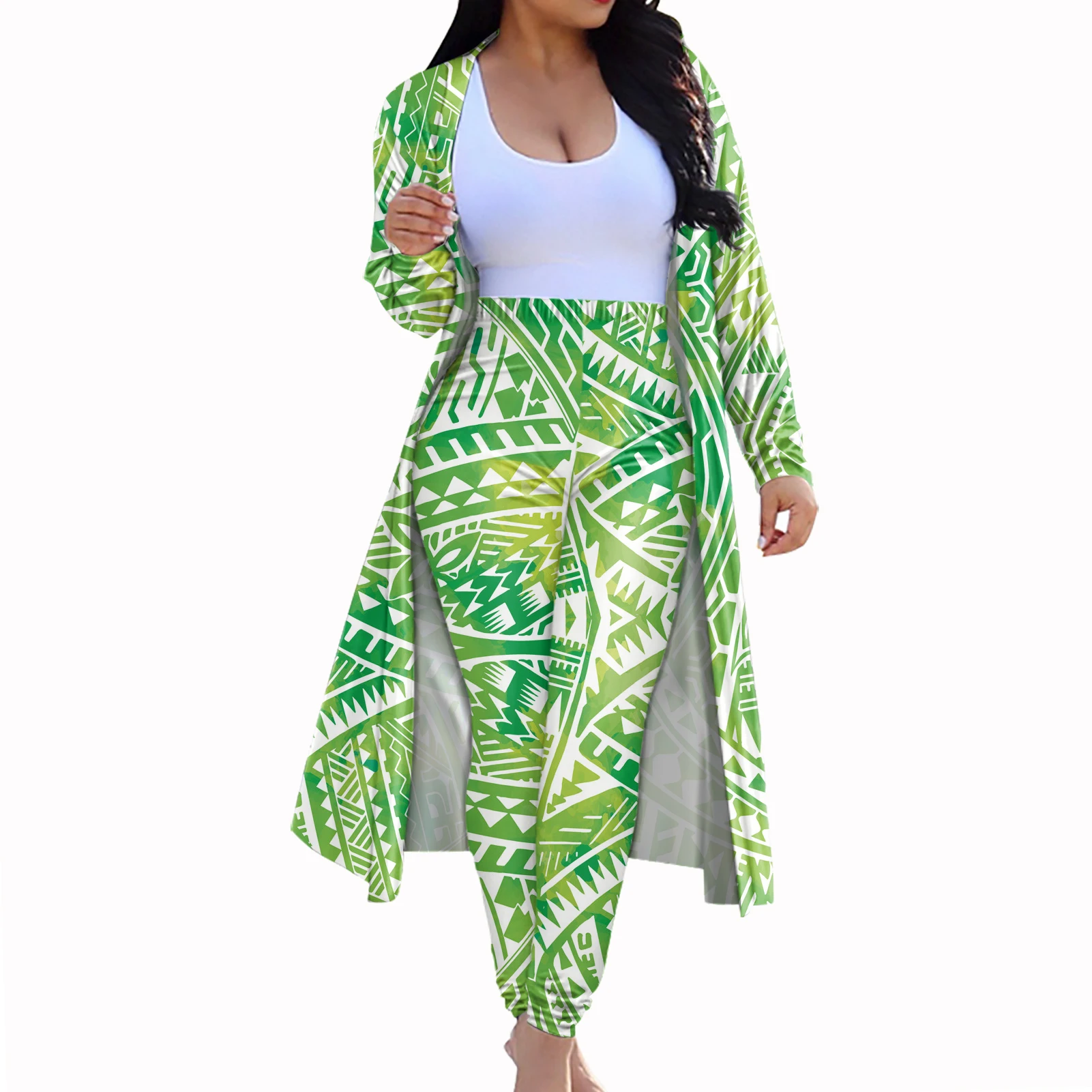 

Wholesale Somoa Hawaiian Polynesian Green Stripe Print Plus Size Sexy 2 Piece Pant Set Women's Long Sleeve Cardigan And Leggings, Customized color