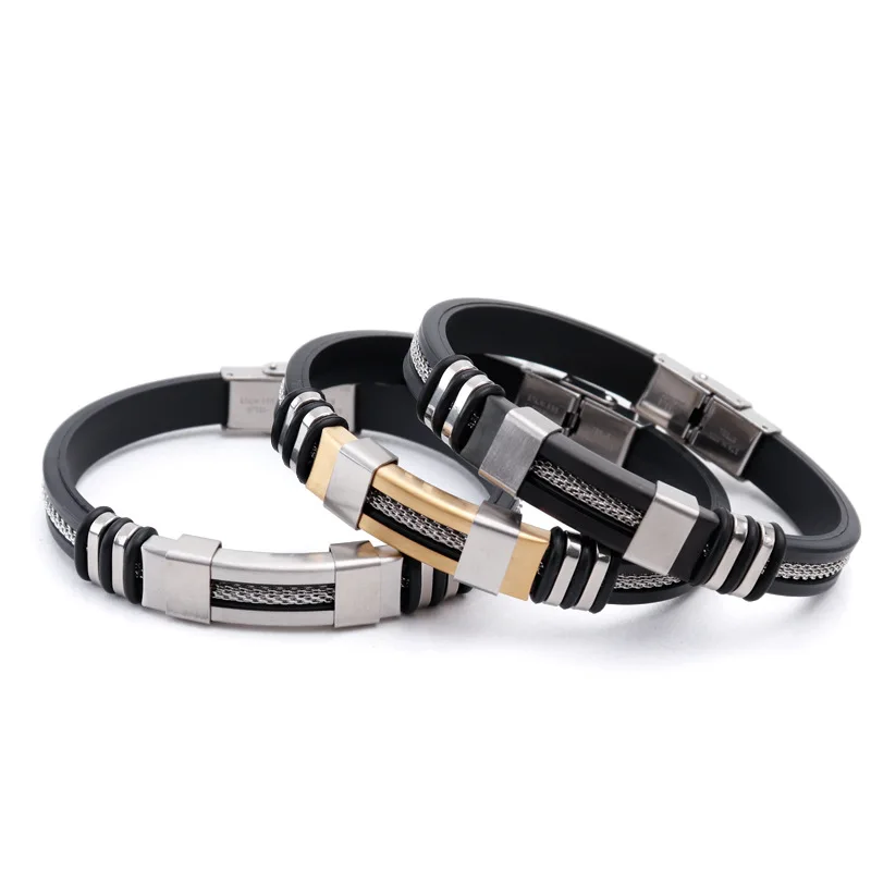 Carline Mens Fashion Rubber Stainless Steel Clasp Black Bracelet Bangles Personality Gold Punk Bracelet Jewelry For Men