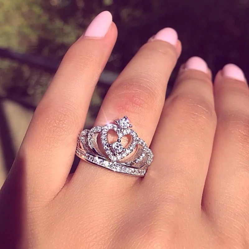 

Rhodium Plated White Copper Lovers Crown Engagement Rings Natural Zircon CZ Engagement Wedding Band Rings, Wedding bands rings