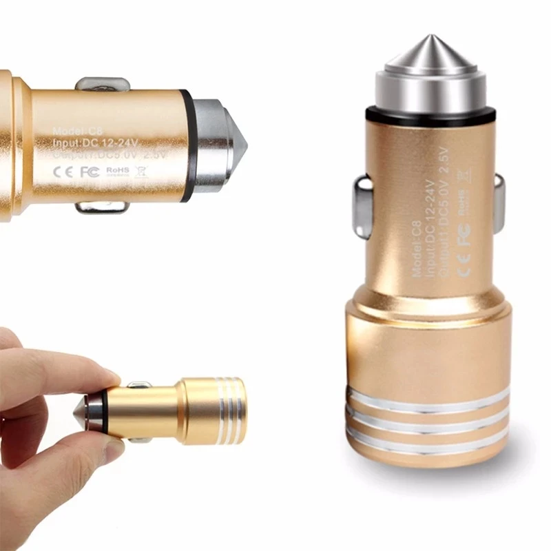 

Safe Emergency Hammer Cone 12v Aluminium Phone Dual Port Usb Car Charger Usb, Gold/sillver