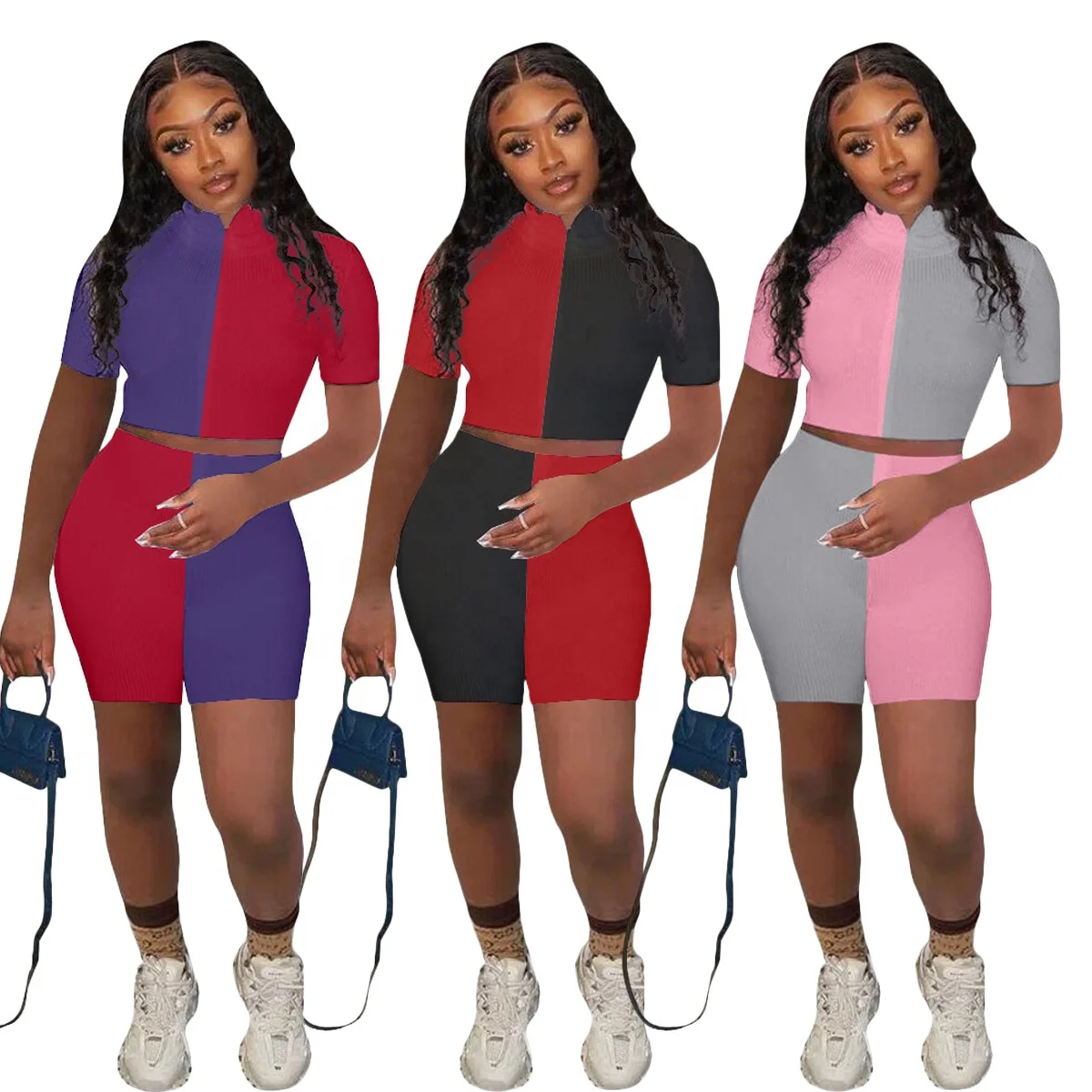 

MT99-8068 Summer fashion tight women's patchwork top zipper two-piece set