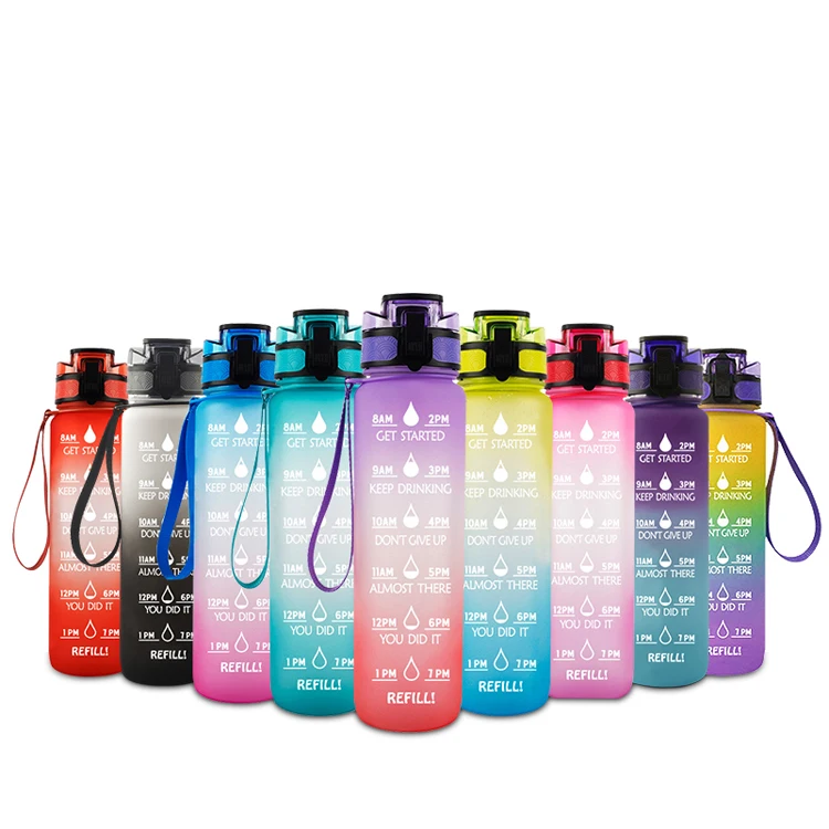 

Amazon Top Seller Plastic Wine Glasses Tritan Water Bottle With Time Marker Measures Labels 1000ml Water Jug with Time, Customized color acceptable