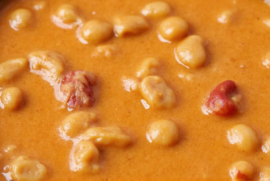 Close-up of creamy chicken chili texture showing smooth consistency with visible chicken pieces and beans