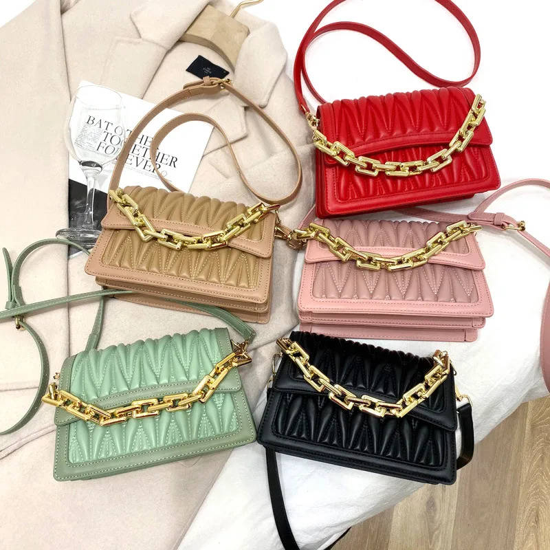 

High quality PU leather fold chain bags women handbags purses wholesale, 5 colors