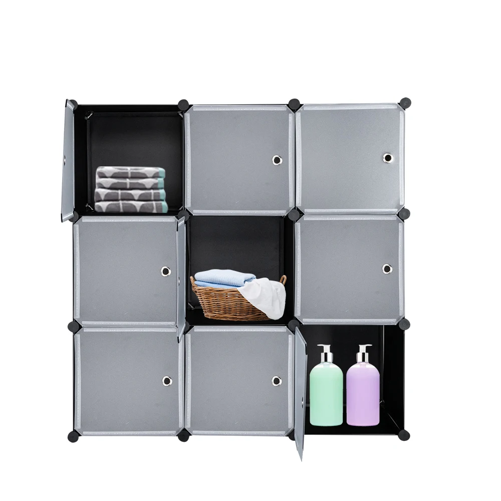 

9-Cube DIY Plastic Closet Cabinet, Modular Book Shelf Organizer Units, Storage Shelving with Doors, Black panels with white door