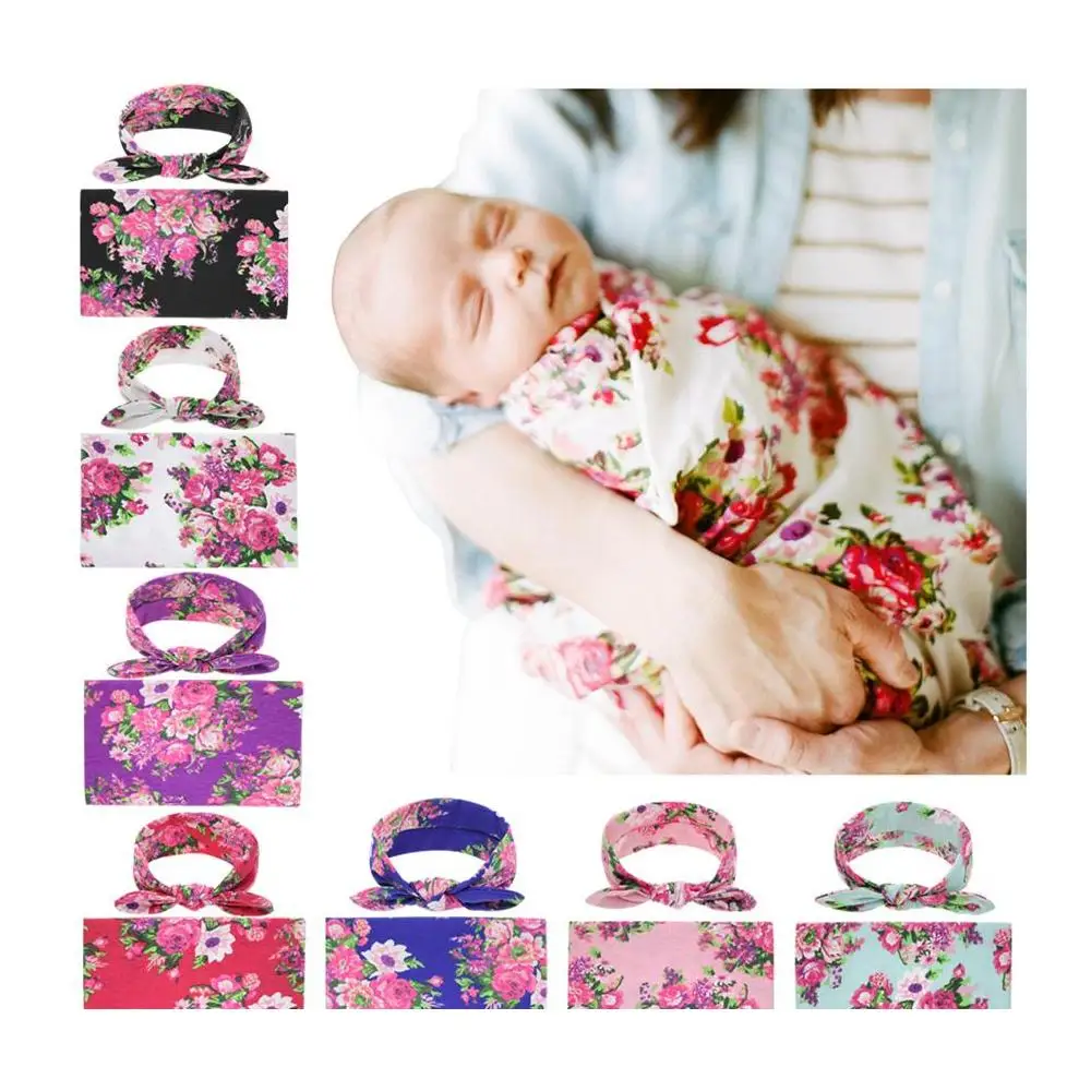 

Newborn Baby Swaddling Blankets Bunny Ear Headbands Set Swaddle Photo Wrap Cloth Floral Peony Pattern Baby Photography Tools Rra