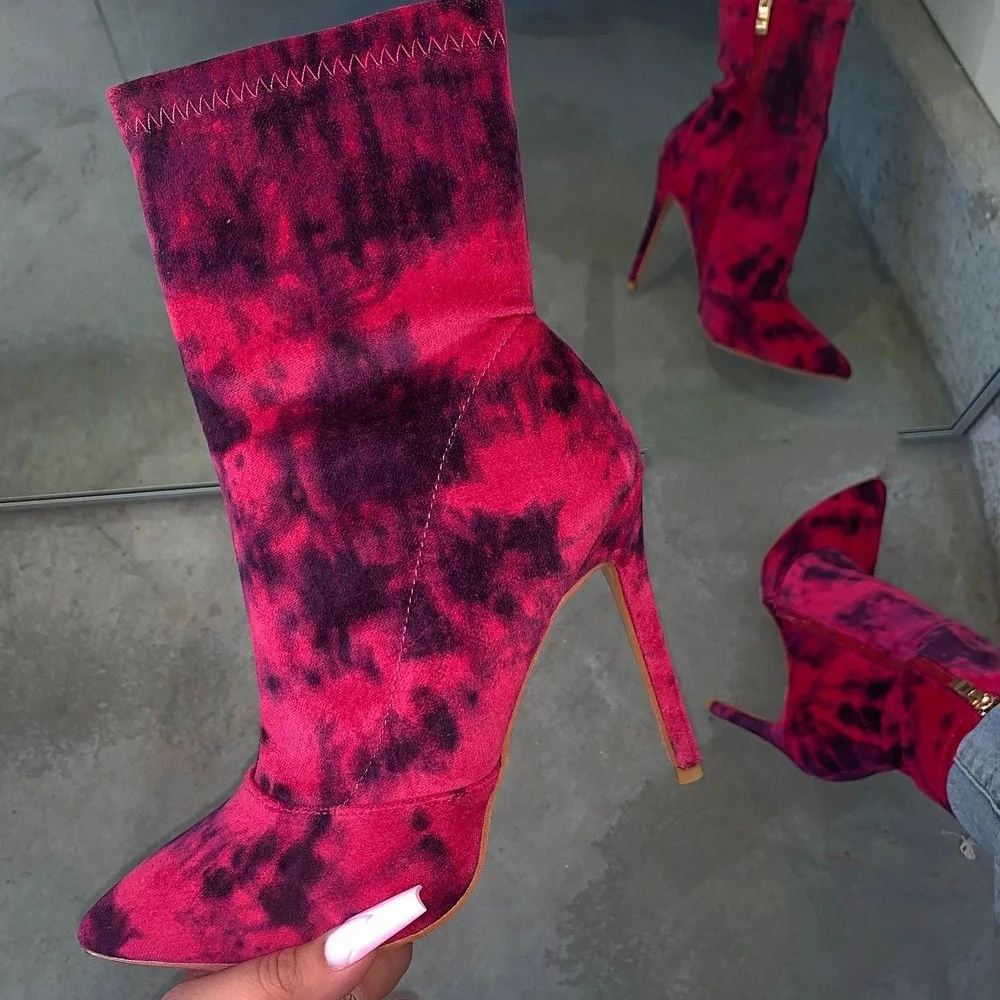 

Pointed Toe Women's Ankle Boots Fashion Tie-Dye Thin High Heel Side Zip Female Dress Party Shoes Fashion Design Short Booties