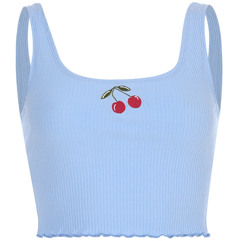 

European and American Small Vest Summer Cherry Embroidery Slim Back Sexy Sleeveless U-neck Top Women