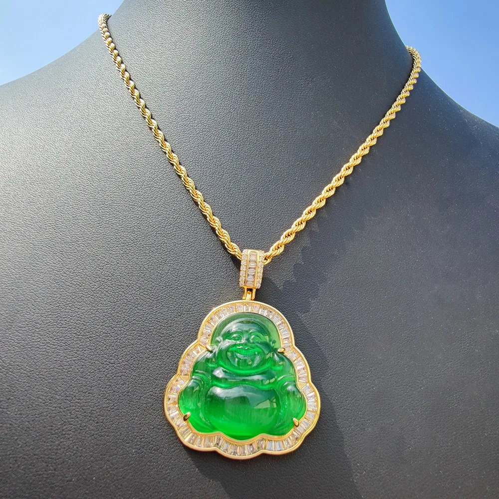 

Fashion Hip Hop Punk Jewelry Gifts Small Gold Cymophane Blue Buddha Pendant Cubic Zircon Necklace With Rope Chain, Gold,silver,rose gold