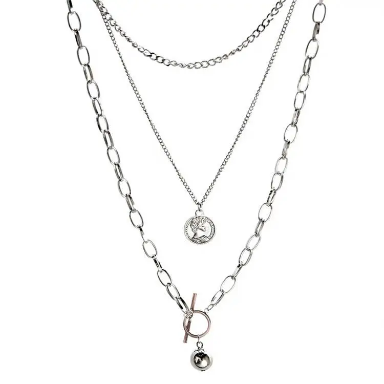 

New Fashion Metal Ball Coin Pendant Multi-layer Punk Design Long Chain Necklace For Women men Jewelry Gifts, Silver color