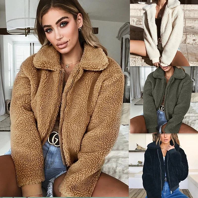 

AliExpress ebay solid color autumn winter faux fur jacket women trendy outwears short coat, White, brown, green, black