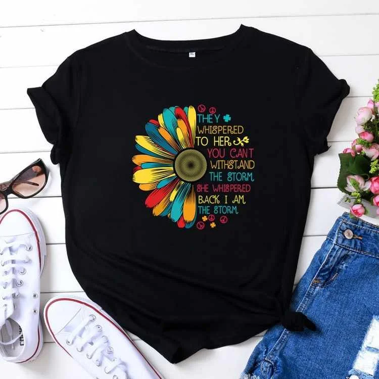

Plus Size Shirts 100%Cotton Letters Sunflower Printed TShirt Women O Neck Short Sleeve Tees Summer Women T Shirt Black Top