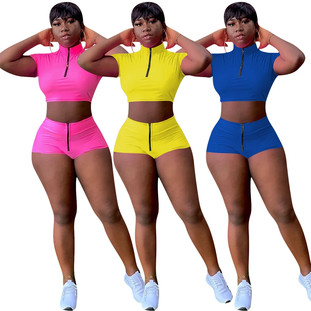 

2020 New Arrivals Fashion Women Sexy Solid Color Crop Top And Short Sleeved Yoga Short Pants Two Pieces Sets, Picture color