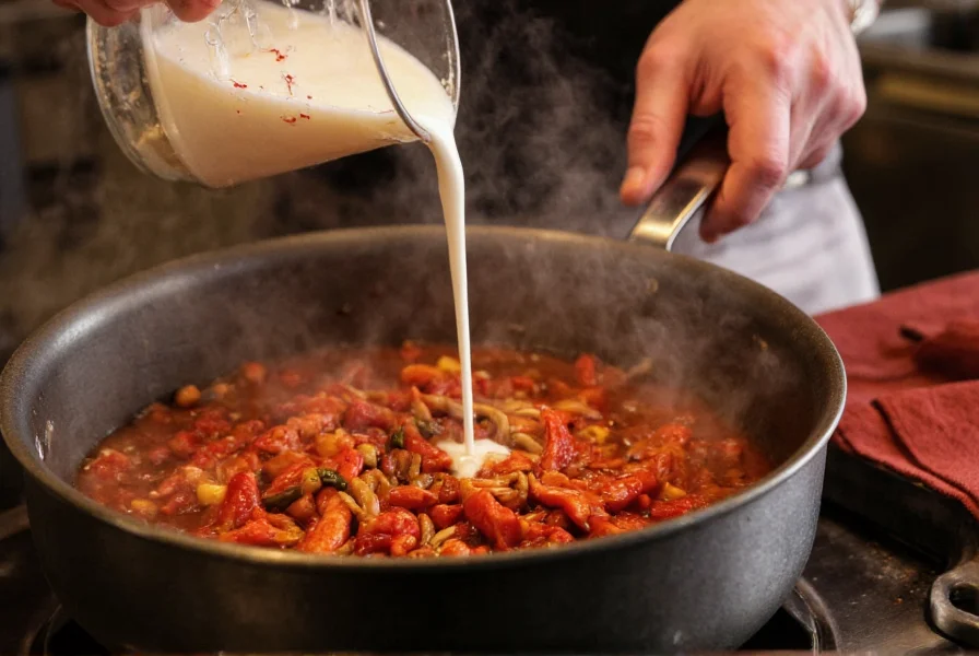 Chef adding dairy to a pot of spicy chili to reduce heat