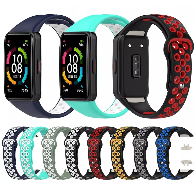 

For Huawei Band 6 Smart Breathable Sport Bracelet Replacement Watchband Double Colors Silicone Watch Strap, 8 colors