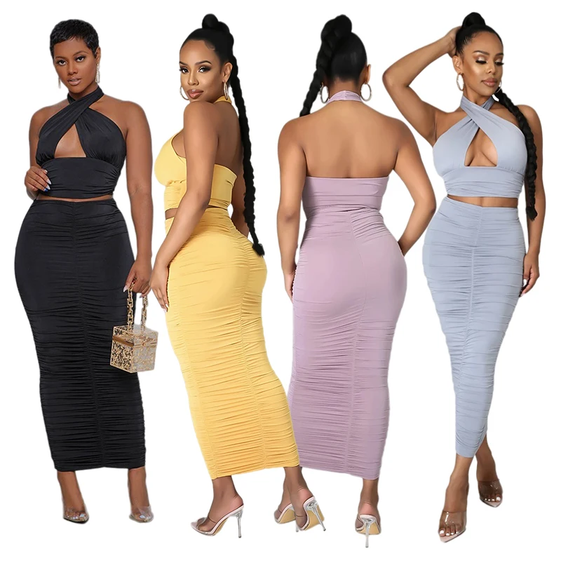 

2021 sexy solid slim fit women clothing bodycon fold 2 two piece wrap skirt dresses set outfit, Yellow,purple,black,silver