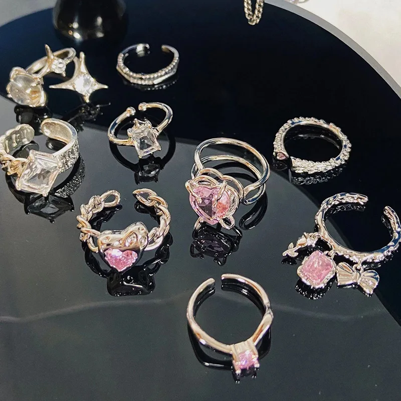 

Hot Selling Copper Adjustable Ring Heart Pink Color Irregular Zircon Rings For Girls Women Jewelry
