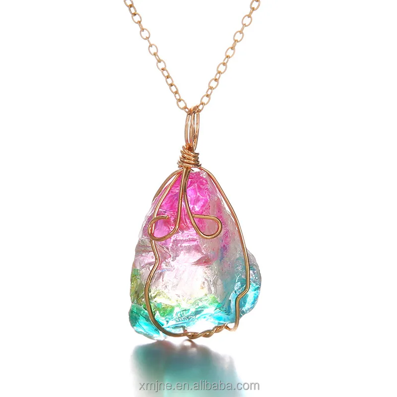 

Seven Color Natural Rough Stone Winding Crystal Pendant Transparent Multicolor Chain Necklace Necklace