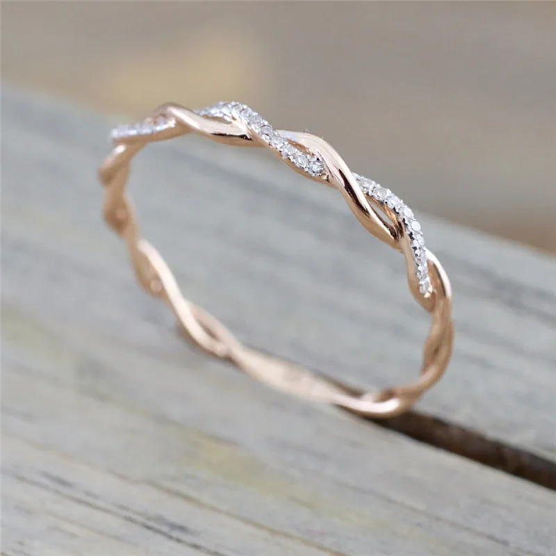

Thin String Twist Micro Crystal Engagement Rings Rose Gold Color Mini Finger Rings for Women