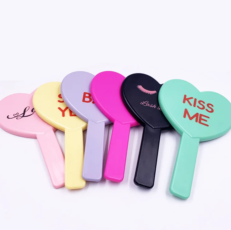 

Private Label Hand Mirror Heart Shape Pink Plastic Hand Held Com pact Mirror Makeup