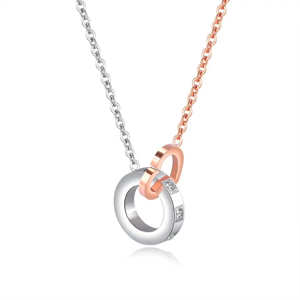 

New Style Fashion Stainless Steel Ring With Heart Shaped Double Ring Zircon Pendant Necklace For Women GX1445M