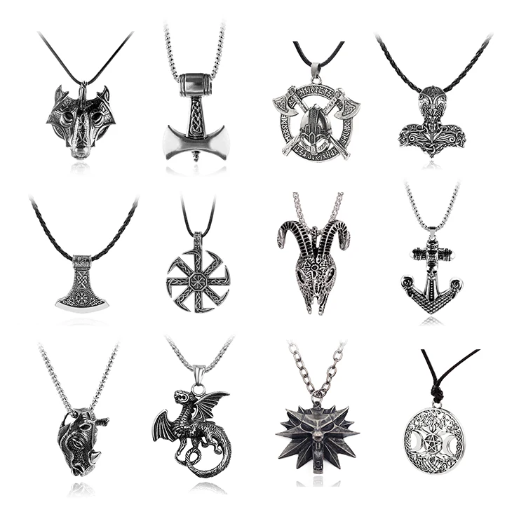 

Norse Viking Axe Sword Compass Wings Cross Talisman Star of David Necklace Gothic Punk Hip Hop Men Jewelry Goth Accessories, Picture shows