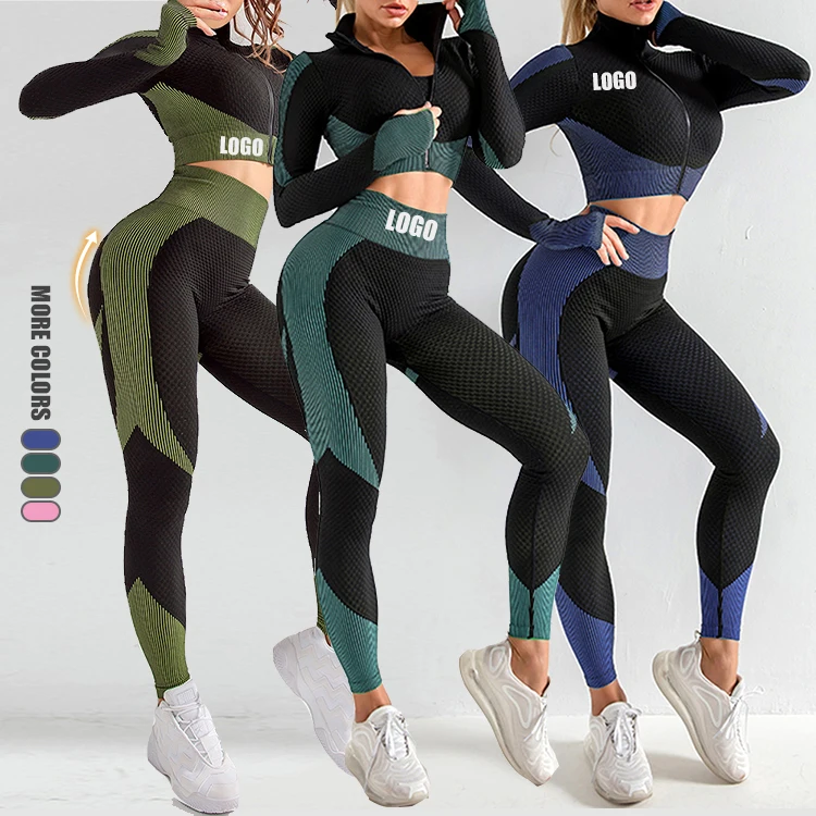 

Private Label Long Sleeve Autumn Sport High Waist Workout Leggings Yoga Pants Two Piece Set Women Clothing, As shown