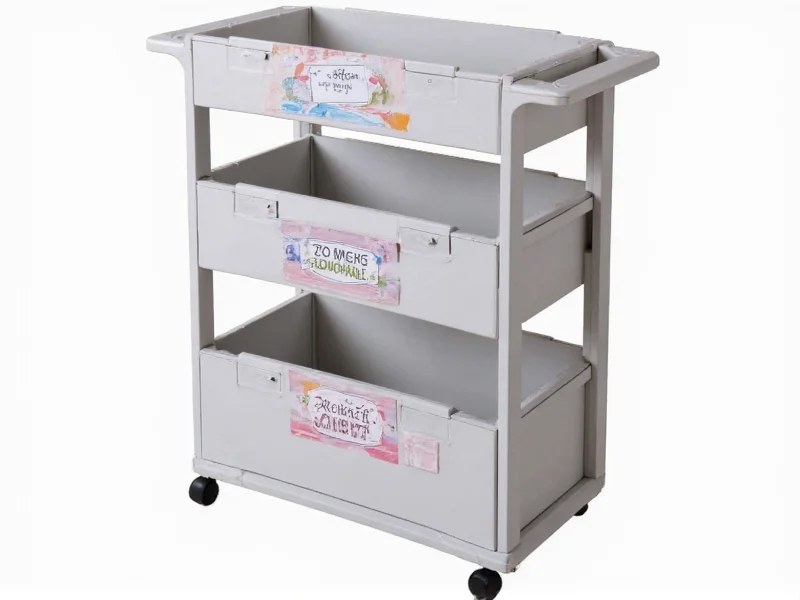 Three-tier rolling craft cart with labeled storage compartments